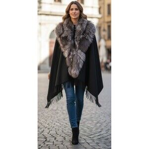 DESIGNER ANAABELL NEW YORK BLACK WOOL BLEND SILVER GREY FOX COLLAR FRINGE CAPE